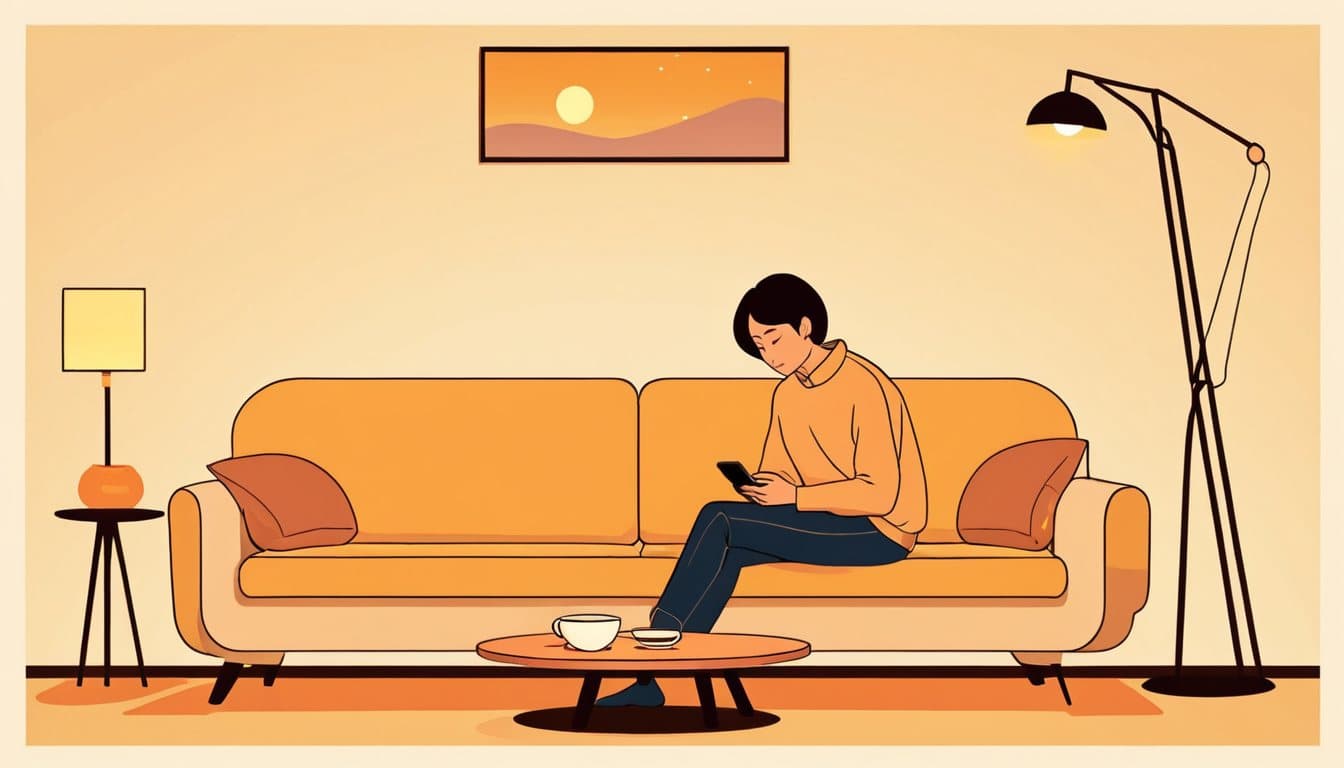 夜、ソファでスマートフォンを見ながら、気になった店をもう少し詳しく調べている人