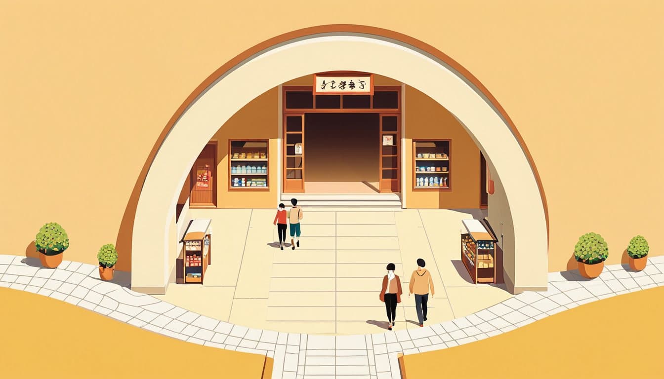 新しいお客様は大きな案内板の前を通って来店し、通い慣れたお客様は別の短い道をまっすぐ店へ向かっている様子