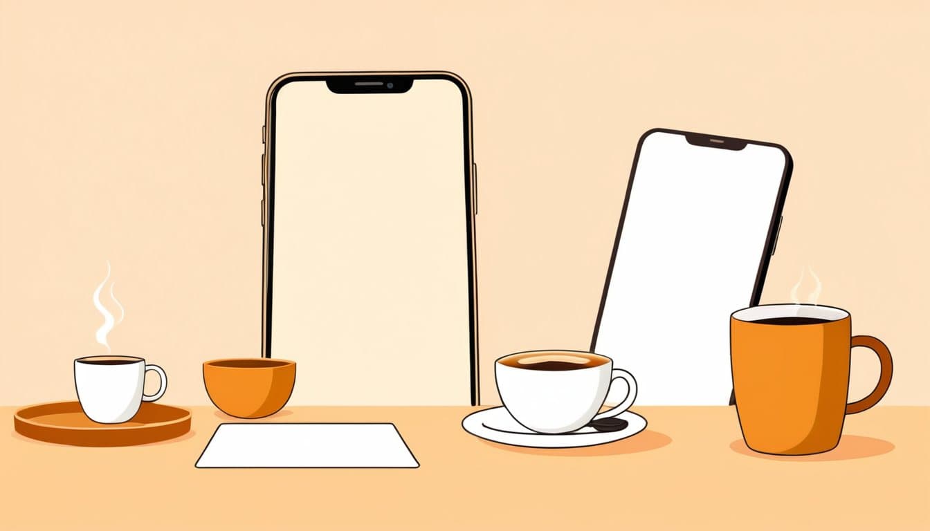 カフェの席でスマートフォンを見ながら首をかしげている人。画面には何も出ていない