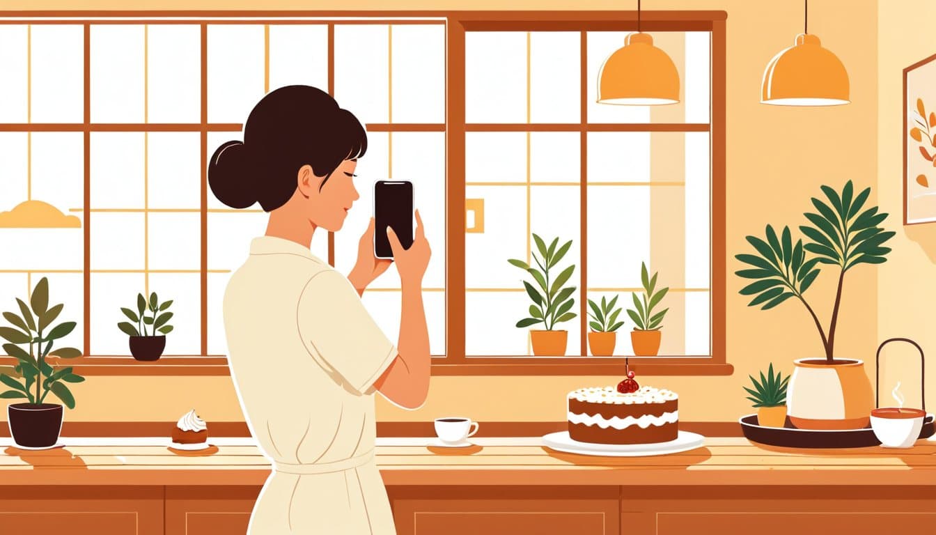 カフェの店主がカウンターのケーキをスマートフォンで撮影している