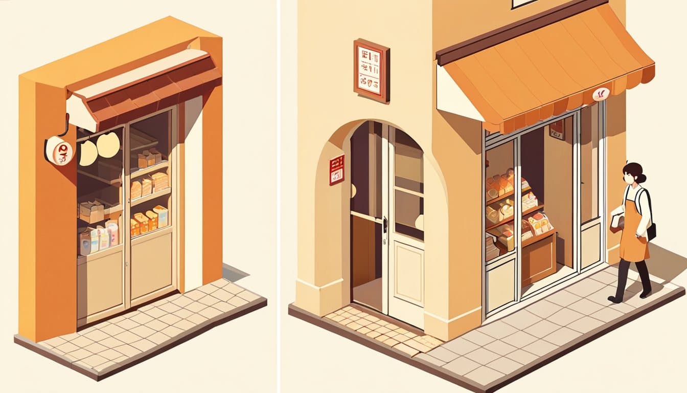 左では店主が道行く人にチラシを配り、右では開いた扉からお客様が店に入ってくる