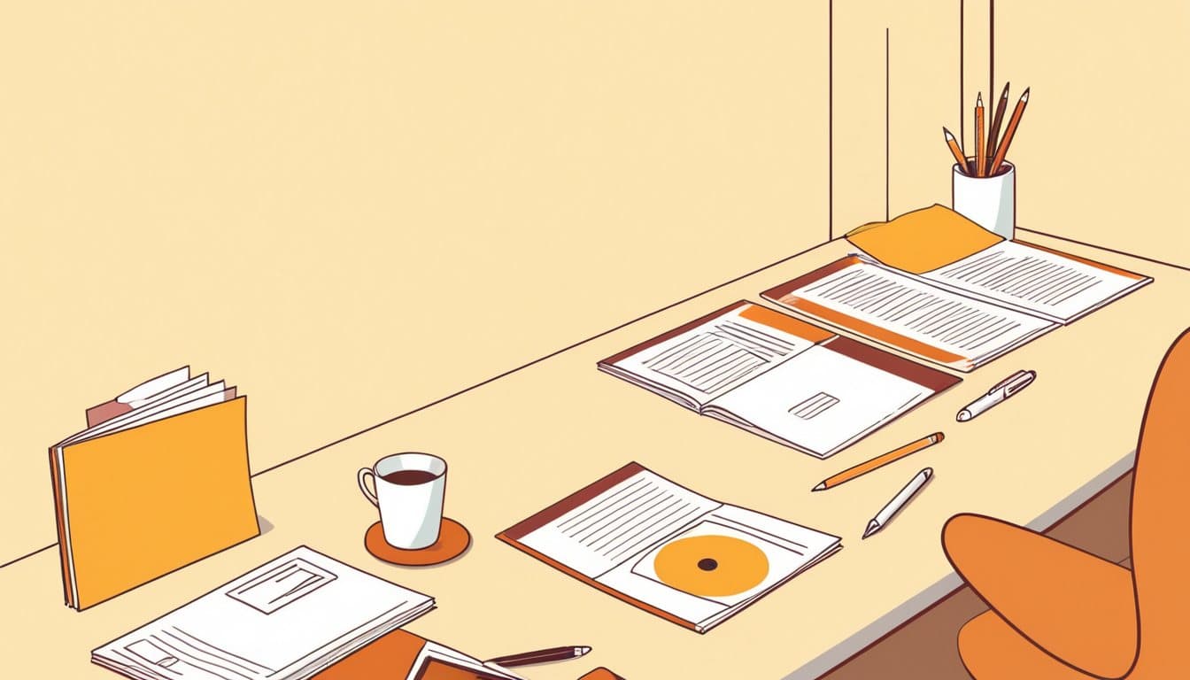 机の上に複数の会社案内を並べて見比べている担当者。1か所だけ資料が無く空いている