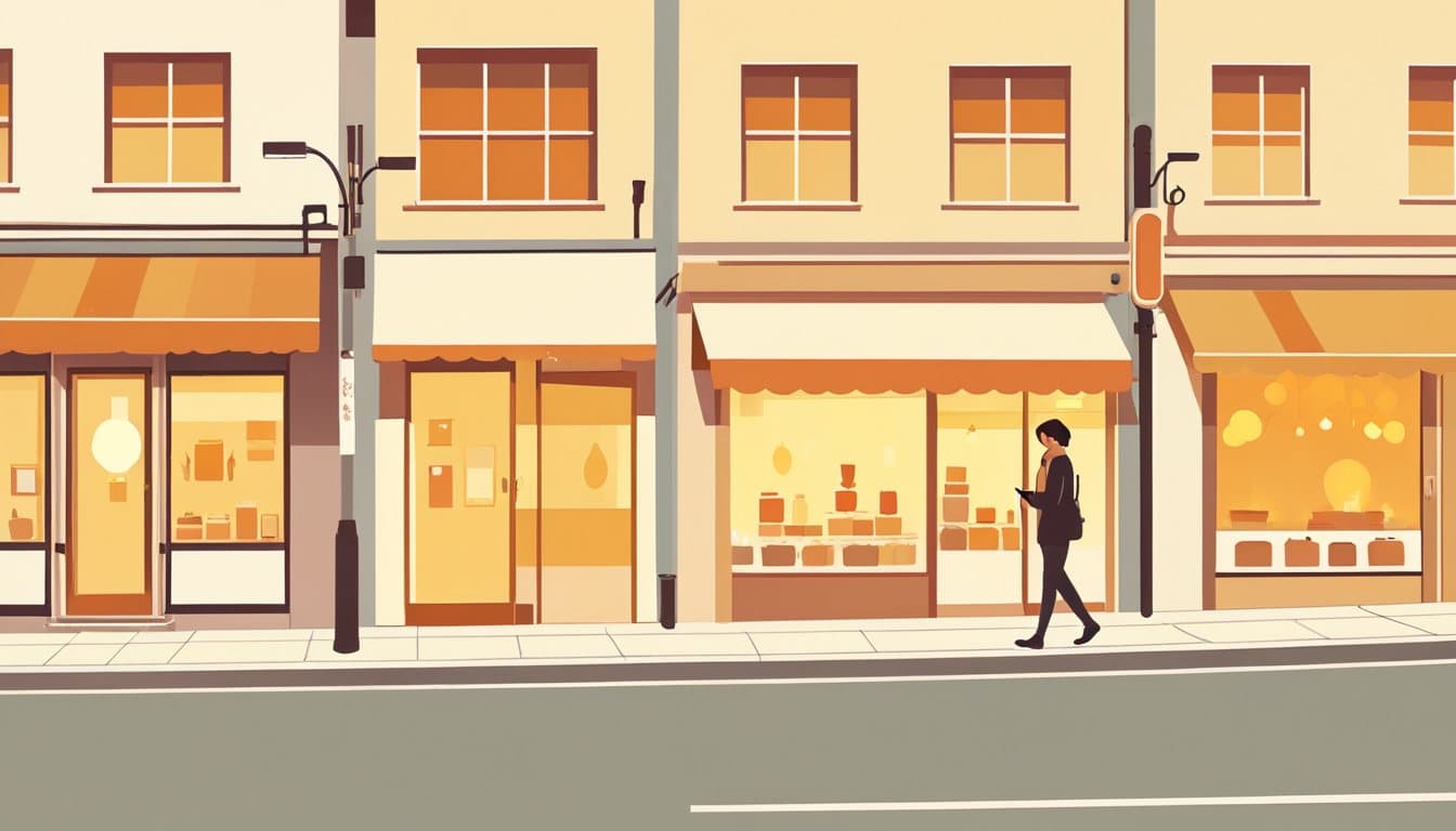 通りに並ぶ店の前で、スマートフォンを手に店を探している人
