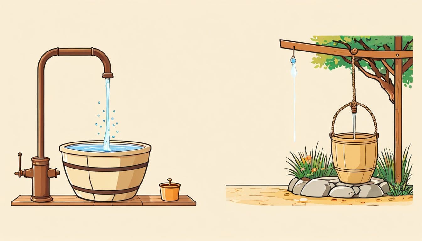 左にひねると水が出る蛇口、右に掘って使う井戸が並んでいる
