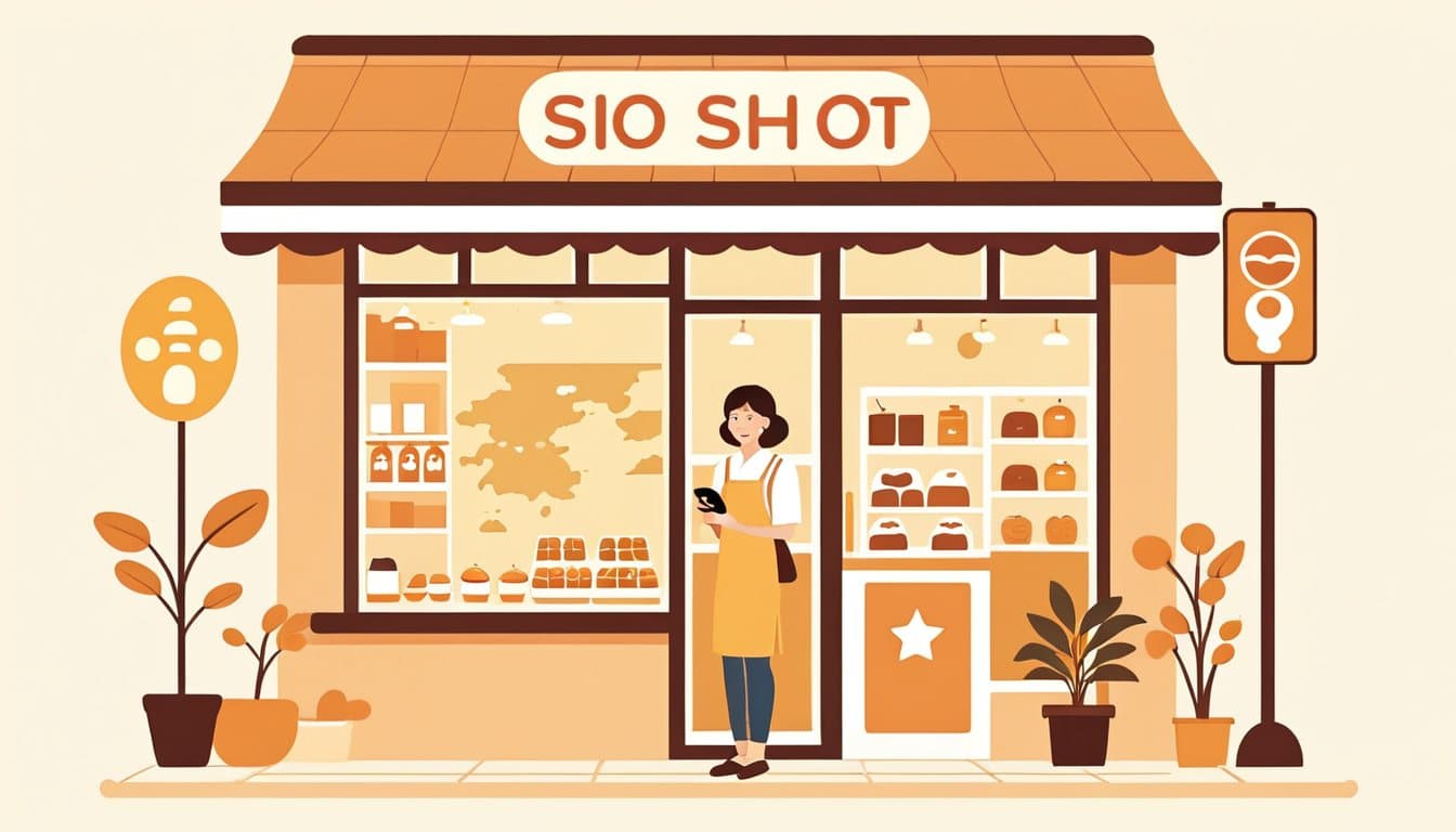 店の前で、地図のピンが自分の店の上に立っているスマートフォンを掲げる店主