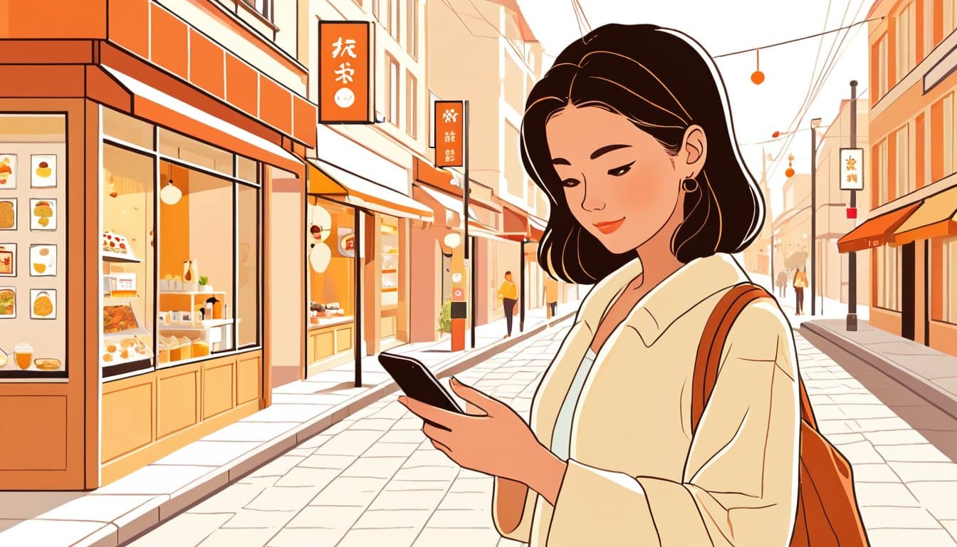 通りでスマートフォンの地図を見ながら、近くの店を探している人