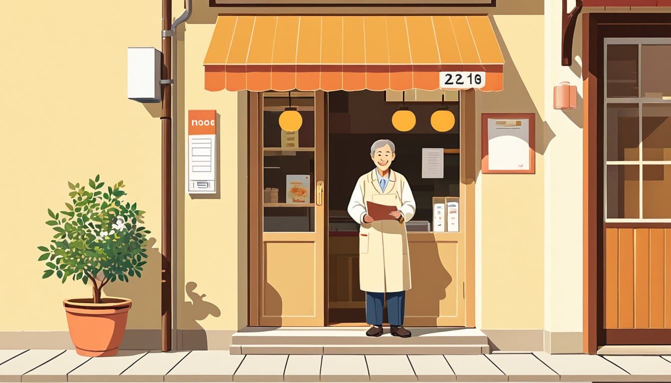 店先で郵便配達員からハガキを受け取っている店主