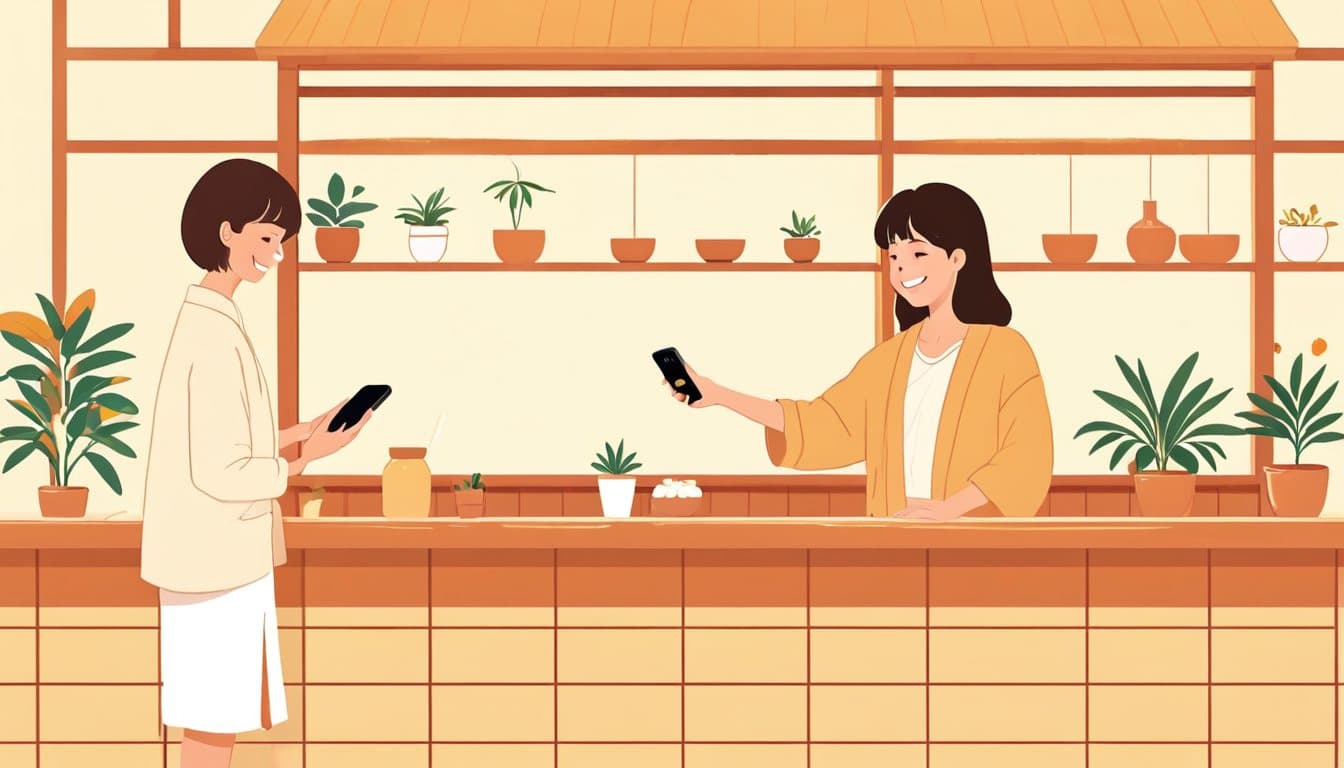 カウンター越しに、スマートフォンを持った笑顔のお客様へ軽く頭を下げている店主