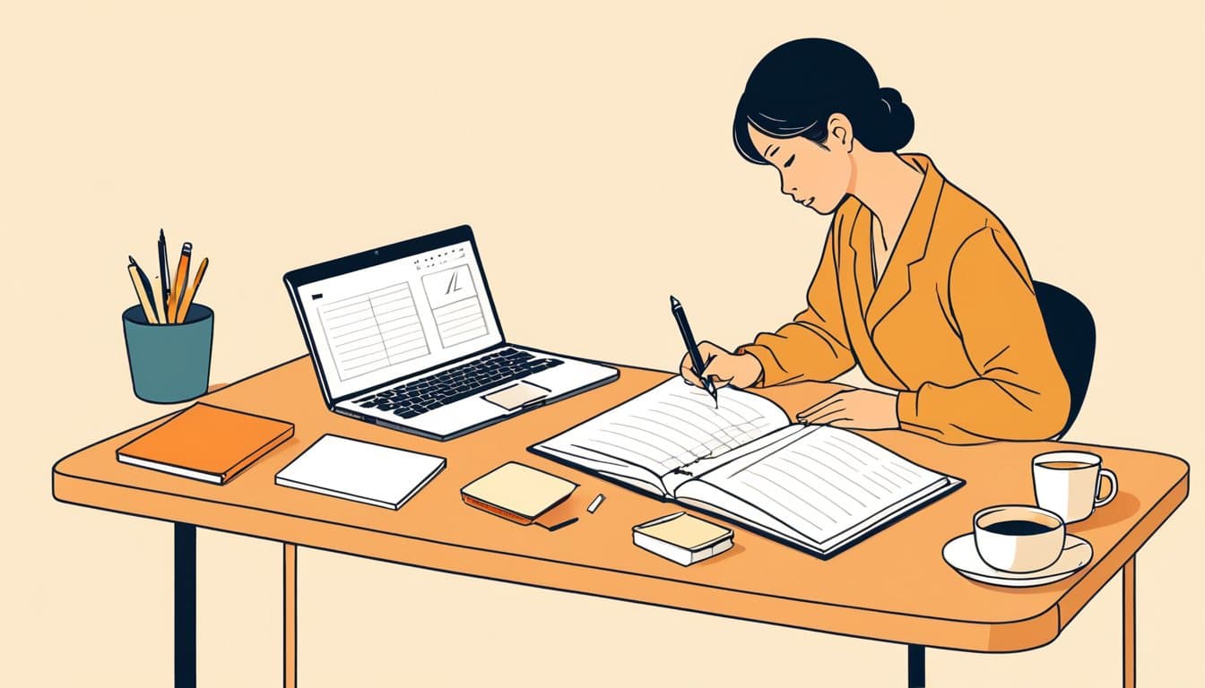 手書きの台帳とノートパソコンを前に考えている小さな会社の経営者