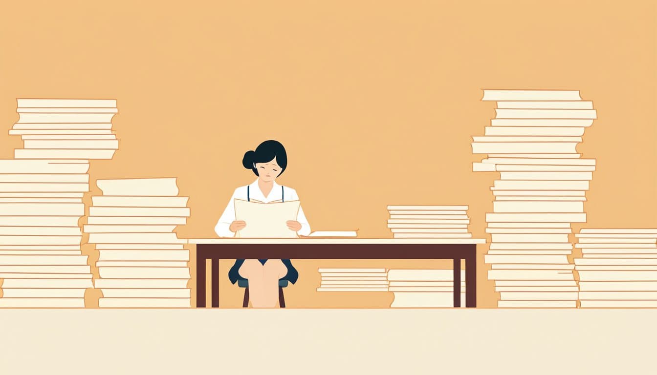 机の上に並んだ複数の申請書類を、一枚ずつ読み比べている審査担当者