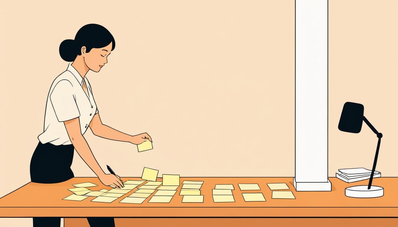 小さな事務所の机で、付箋を三列に並べ替えながら狙うお客様を絞り込んでいる事業主