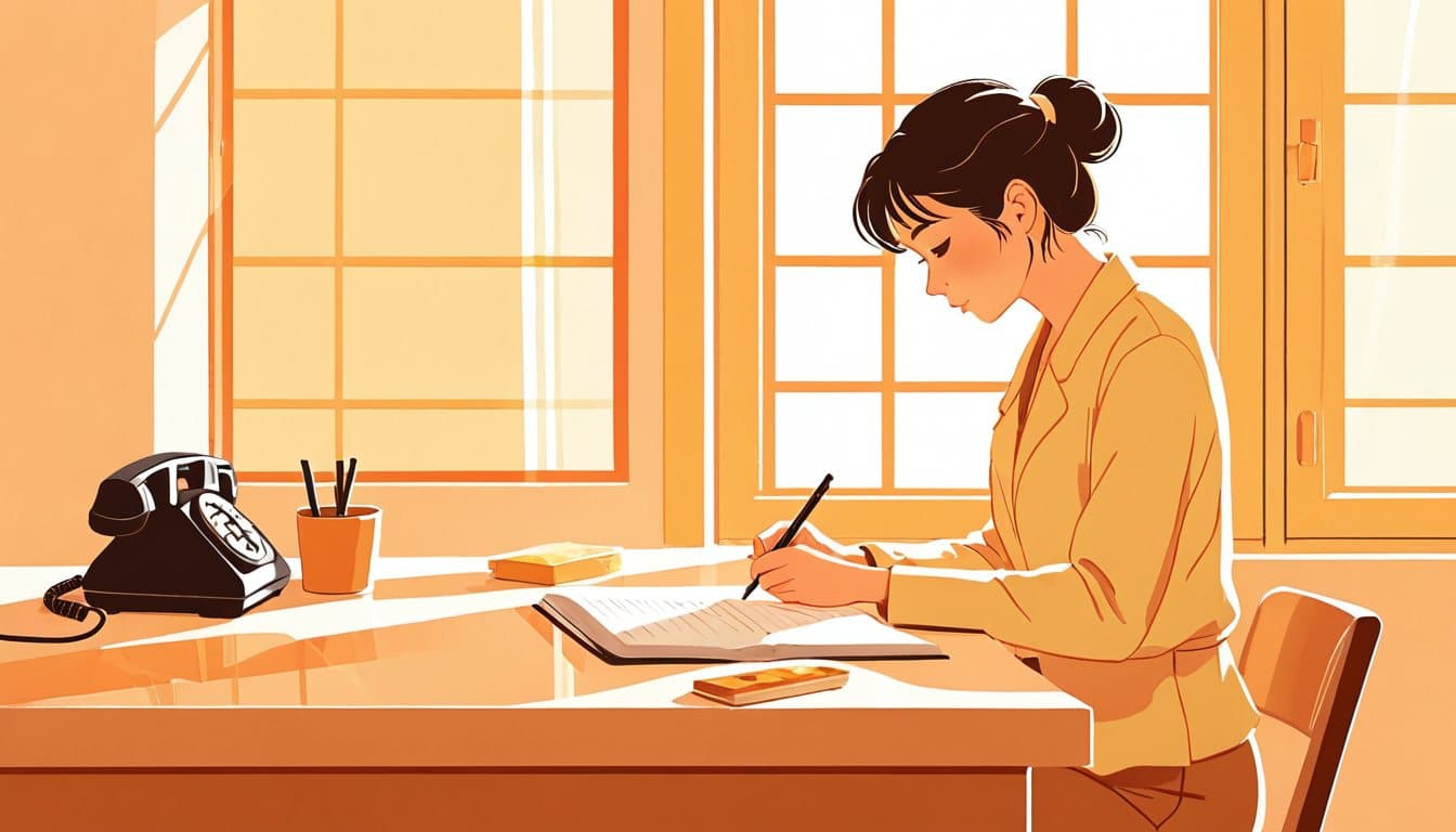 卓上のノートに、その月の問い合わせ件数を手書きで書き足している事業主