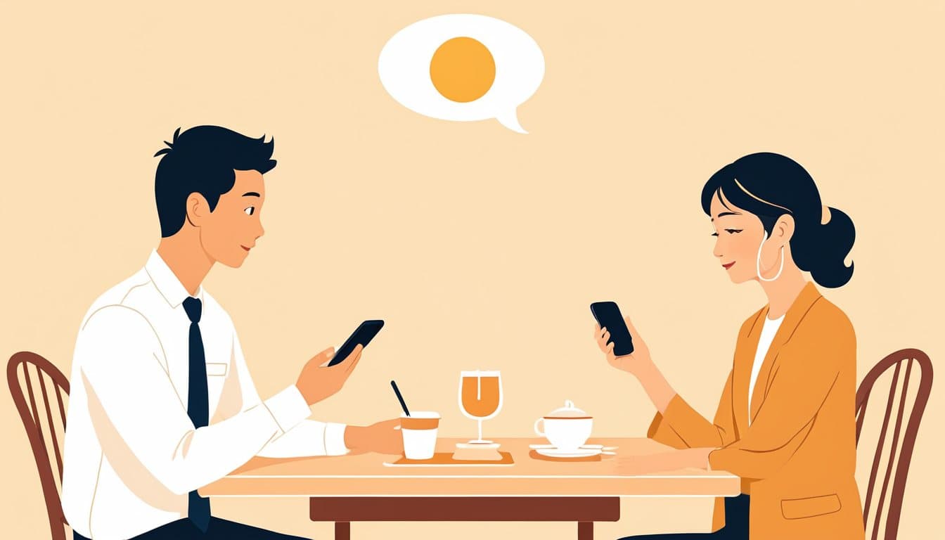 机にスマートフォンを置いて録音しながら、向かいの聞き役に向かって話している事業主