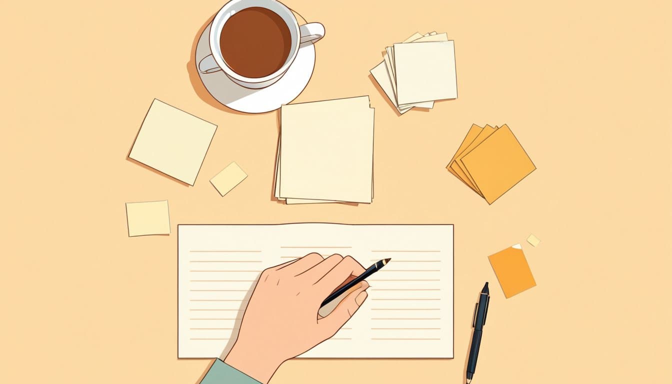 机の上で、質問を書いた小さなメモを3つの山に分けて整理している人