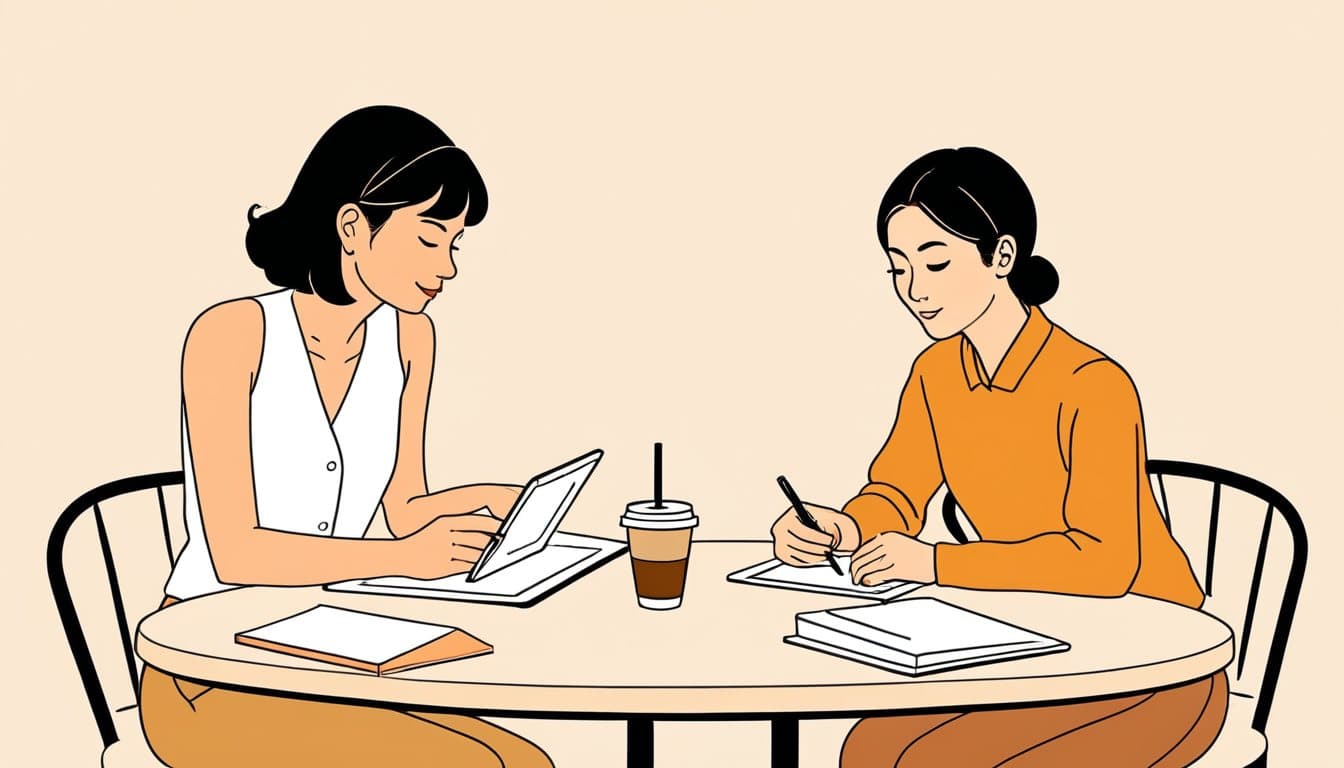 制作者が手描きの図で説明し、事業主がうなずいている打ち合わせ