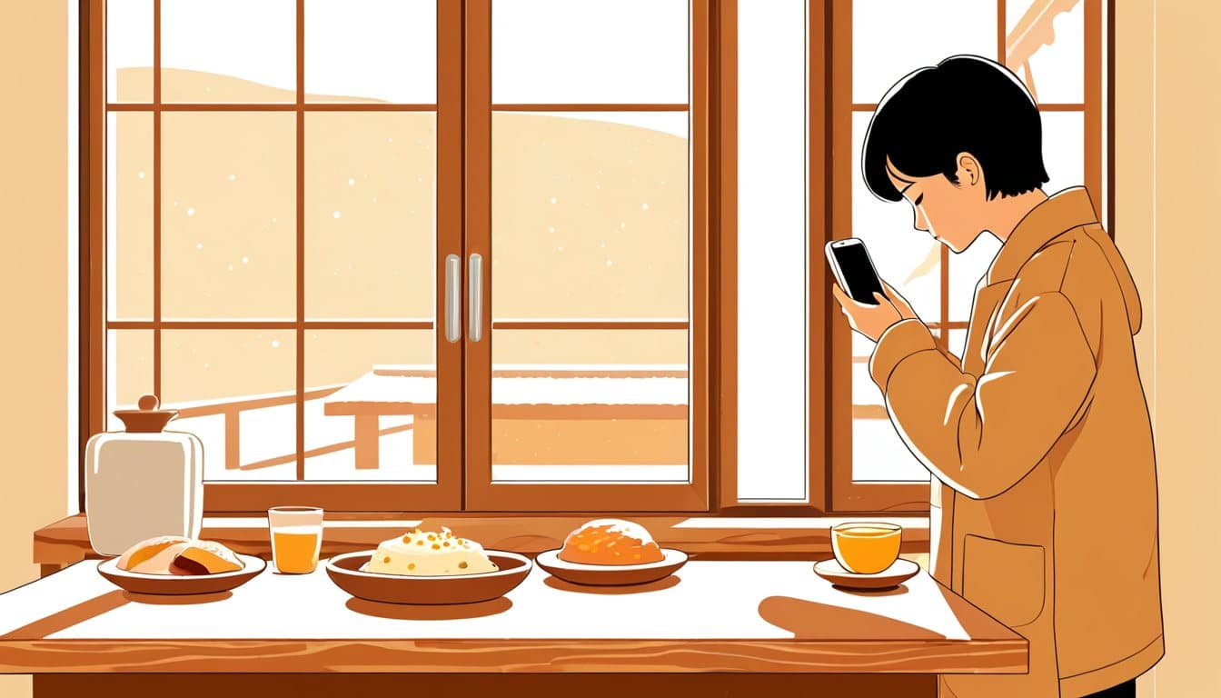 窓から日が差し込むカウンターで、料理の皿をスマホで撮っている店主