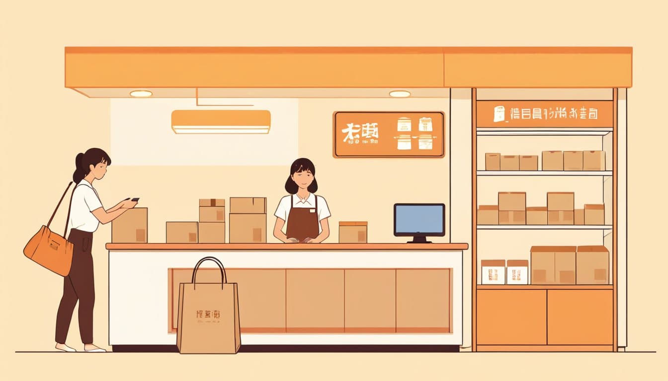 撮影の前に、カウンターの上の段ボールや私物をどけている店員