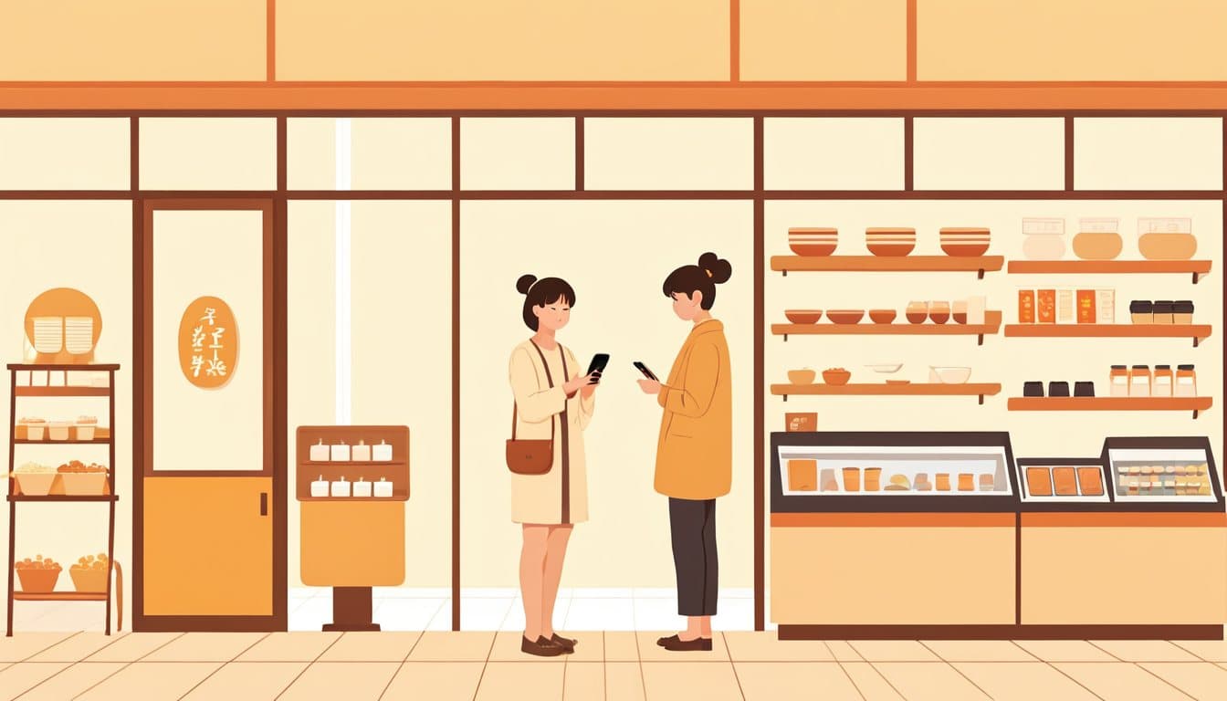 同じ店内を、スマホを縦に構えた場合と横に構えた場合で撮り比べている様子