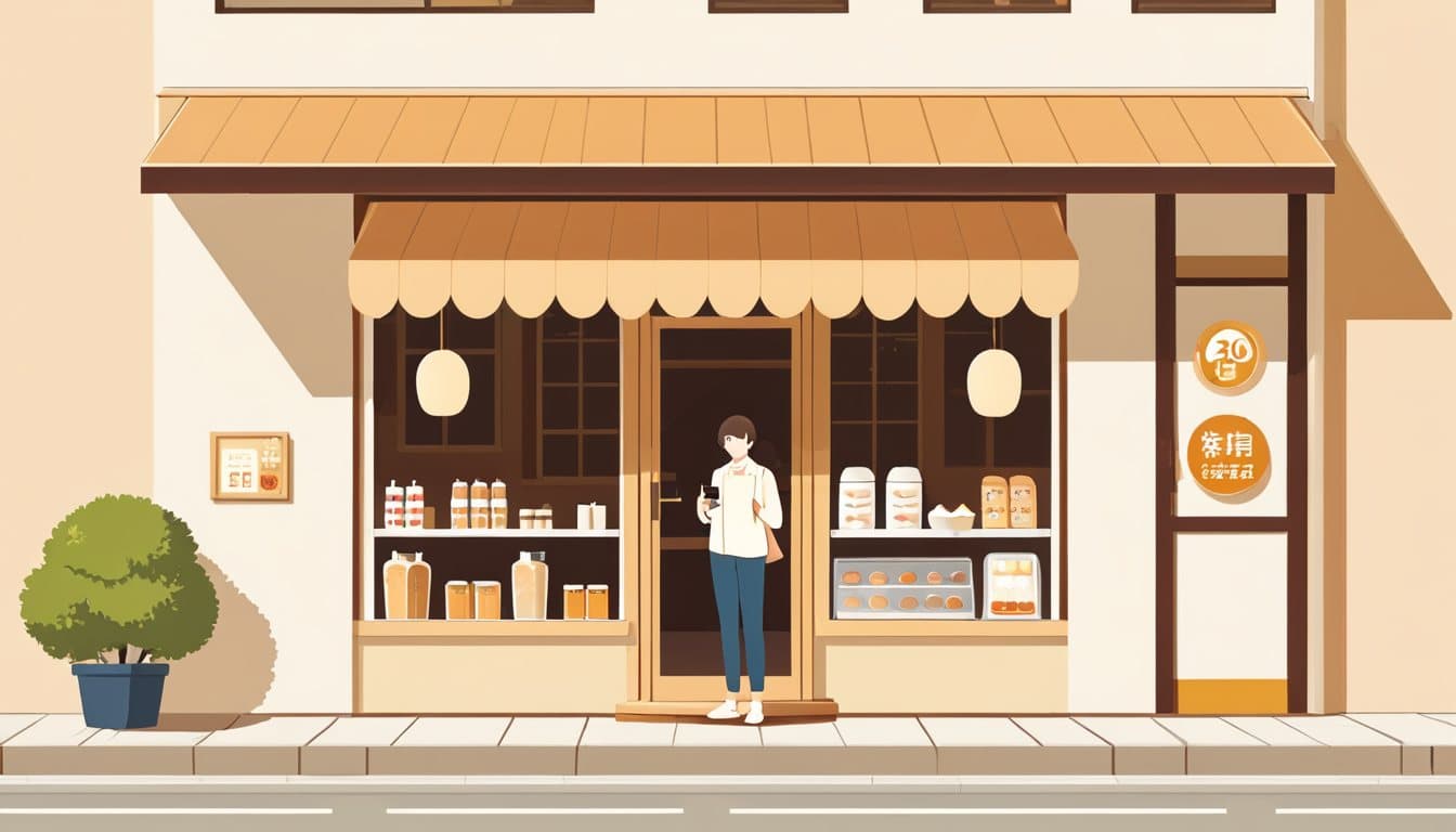 晴れた日に店の外観をスマホで撮っている店主