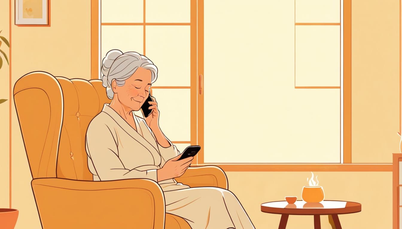 年配の女性がスマートフォンを顔から離して持ち、目を細めながら画面を見ている様子