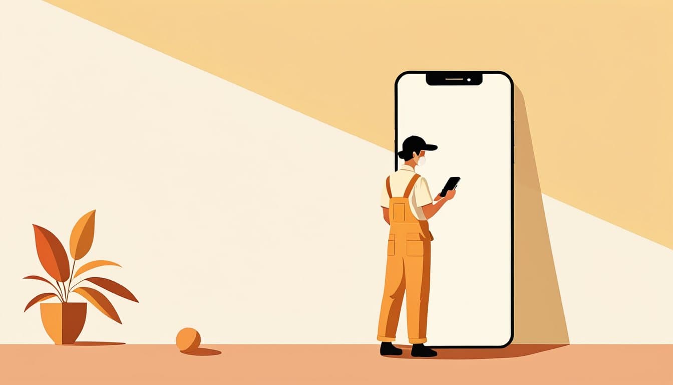 晴れた屋外で、片手で影を作りながらスマートフォンの画面をのぞき込んでいる作業着姿の人