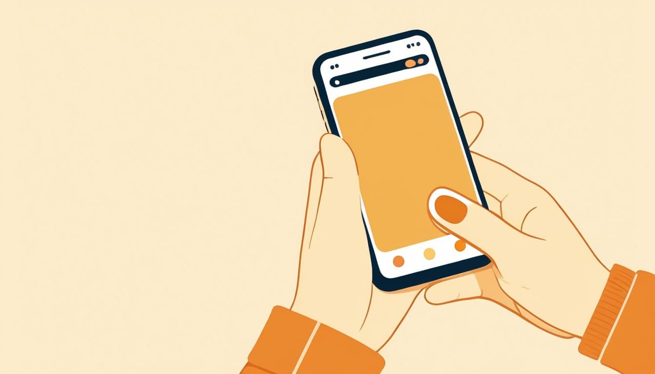 厚手の手袋をした手が、スマートフォンの画面にある大きなボタンを親指で押している様子