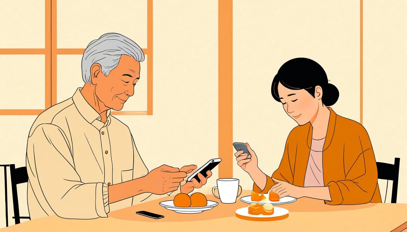 年配の親がスマートフォンを持って操作し、隣で子ども世代が口を出さずに見守っている場面