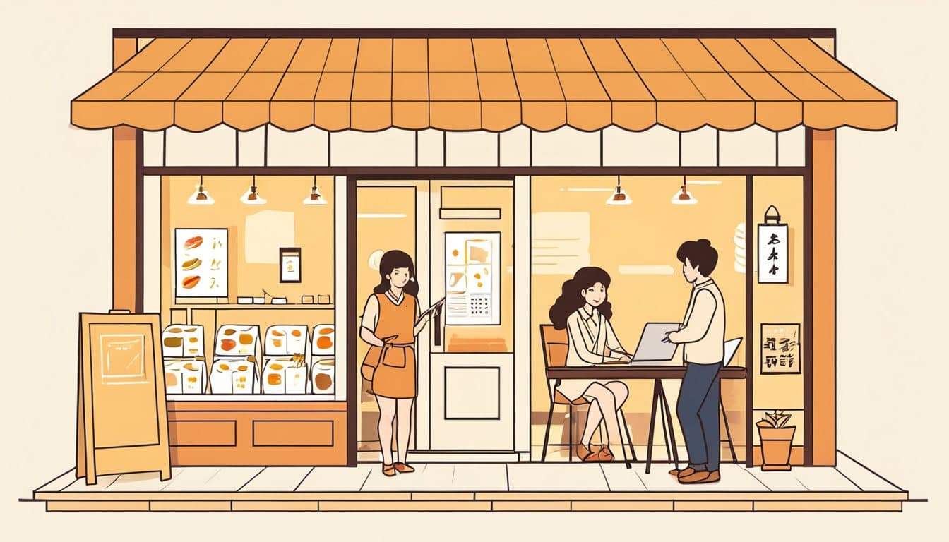 店の絵から新しいお客の集まりへ向かう矢印を、紙に手描きしている事業主