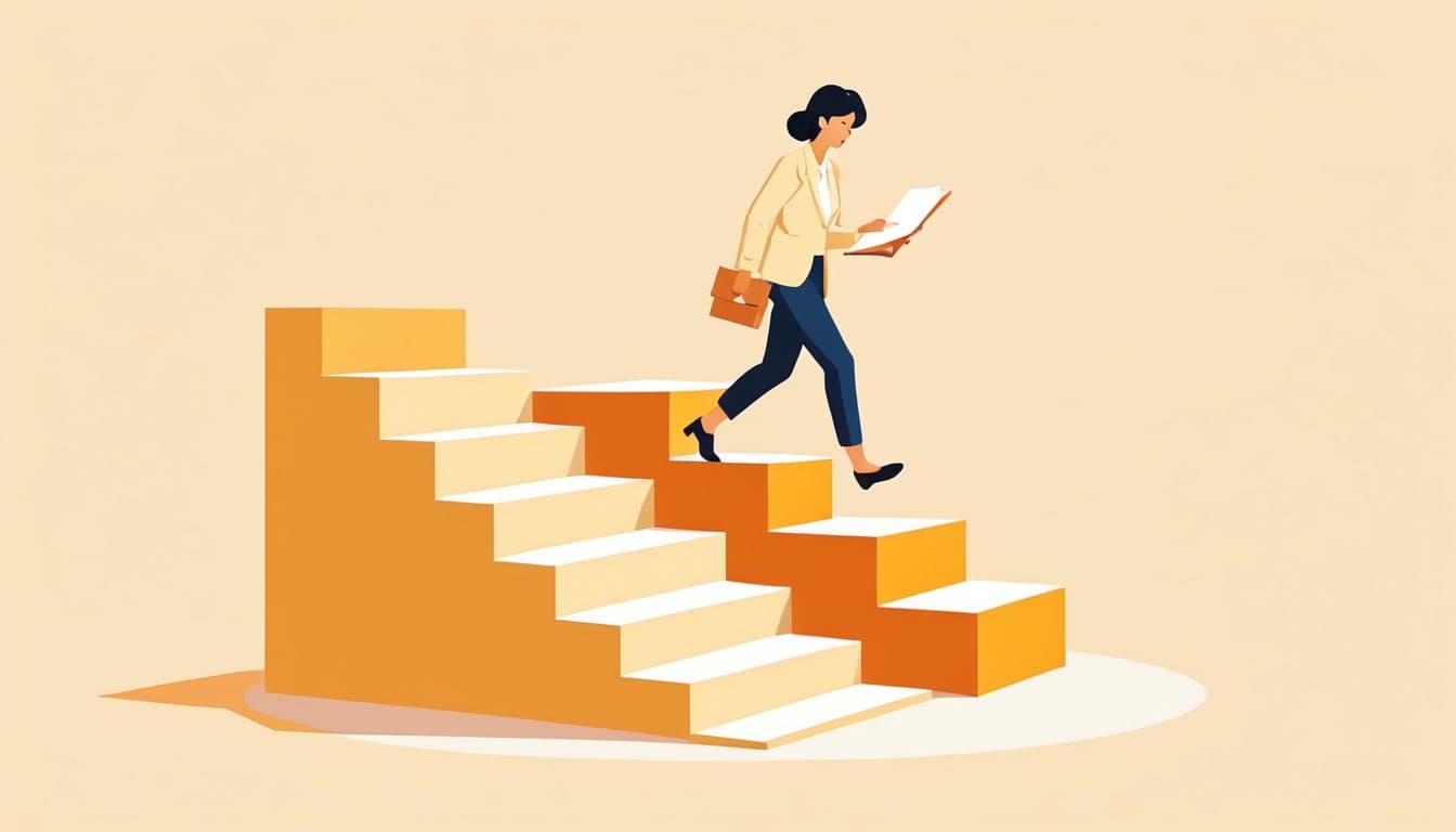 低い段が並ぶ階段を一段ずつ上り、最後の段で小さな箱を受け取っている事業主