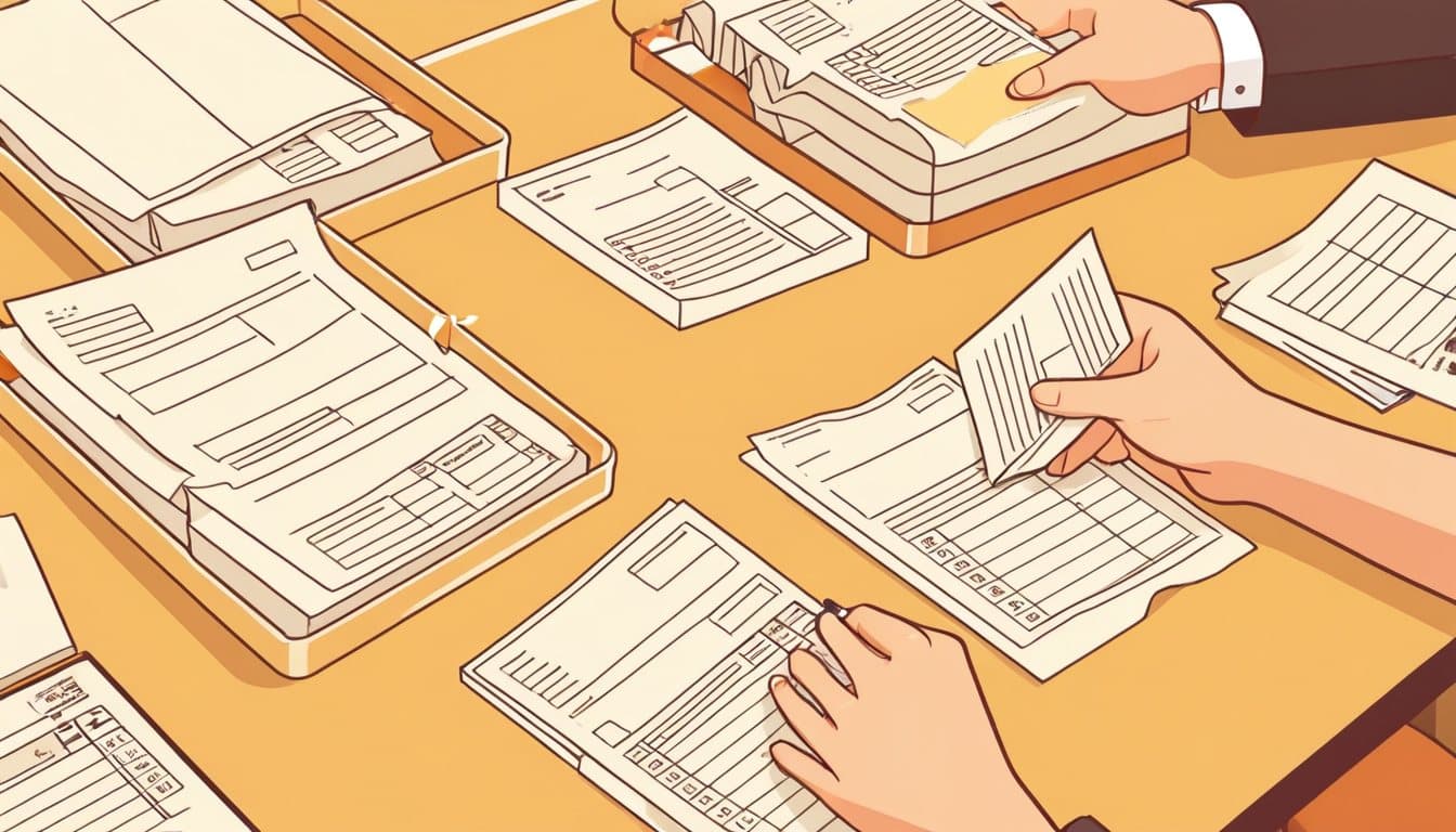 机の上で、見積書や領収書をクリアファイルに種類ごとに仕分けている手元