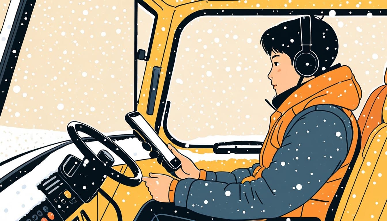 降雪の朝、除雪機械の運転席で着信中のスマートフォンを見ている作業員