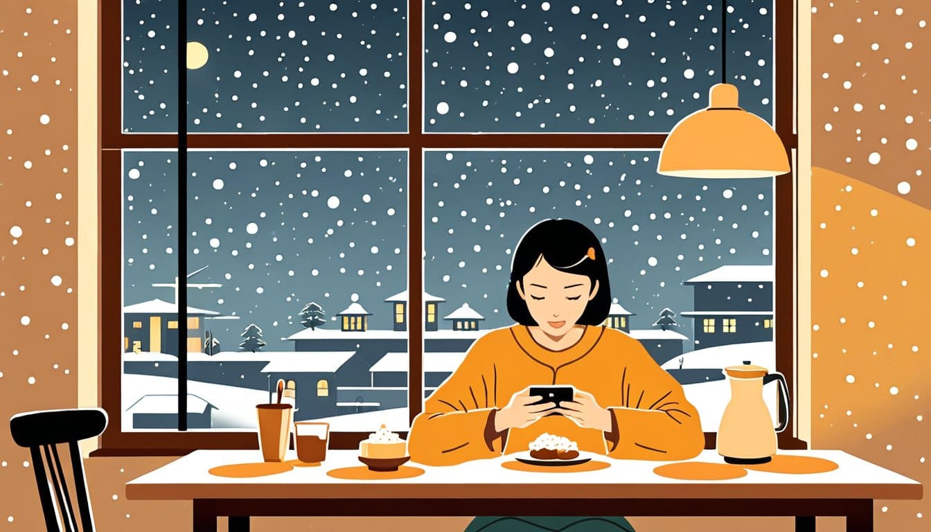 夜、台所のテーブルでスマートフォンを操作している住人。窓の外では雪が降っている