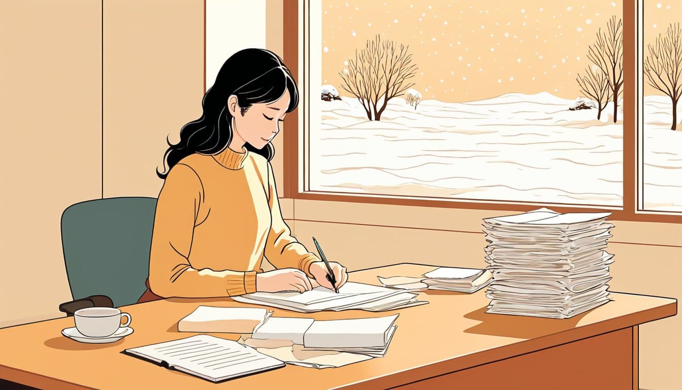 雪解けの時期、事務所の机で一冊のノートと顧客の書類を並べて整理している人