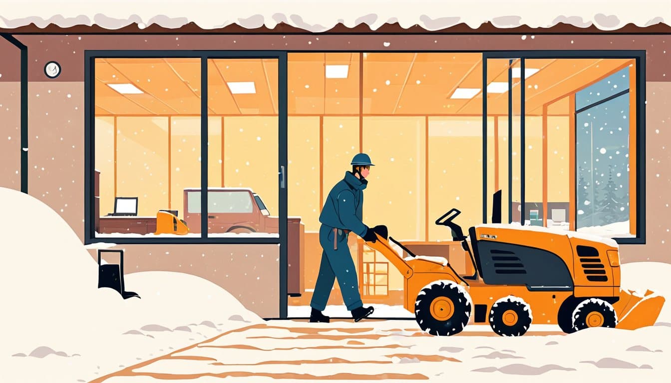 雪の朝、電話の鳴る事務所から作業に出ようとしている除雪業者