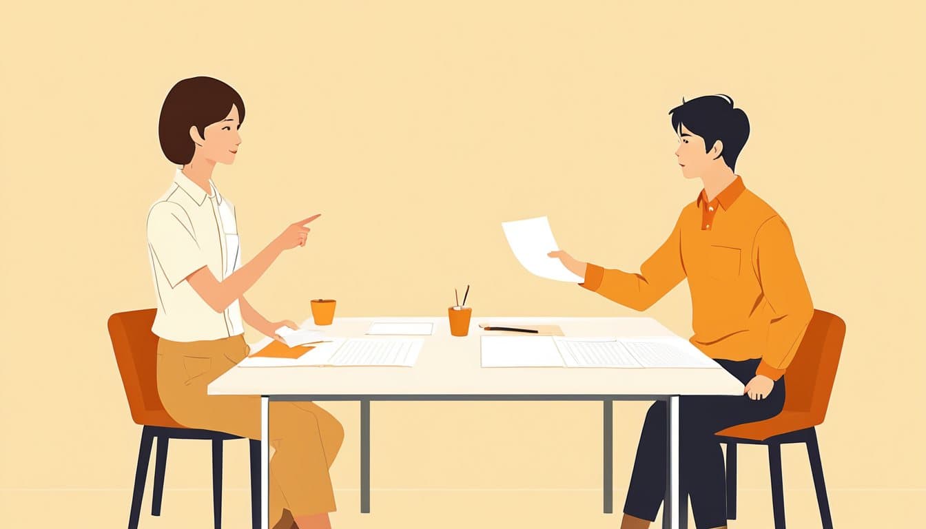 机に2つのサイト構成案を並べ、どちらを主役にするか話し合っている建設会社の2人