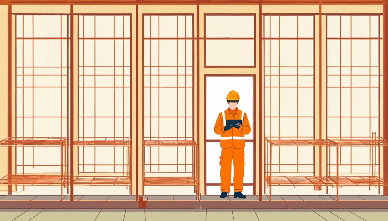 解体現場でスマートフォンを見ながら、銅線やアルミサッシの持ち込み先を探している作業員