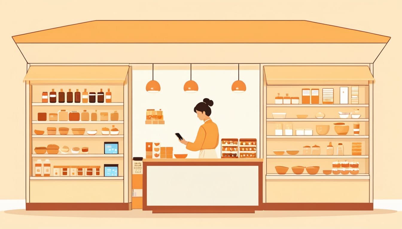 店の中でスマートフォンを持ち、自分のサイトのページを指でめくりながら確認している店主
