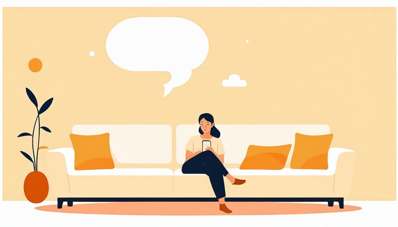 ソファでスマートフォンを持ち、記入欄の多い紙の用紙と、短い吹き出しのやり取りを見比べて迷っているお客様