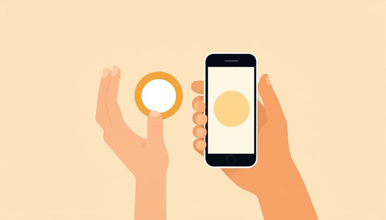 片手で持ったスマートフォンの画面。下側に2つの丸いボタンが並び、親指がちょうど届いている様子