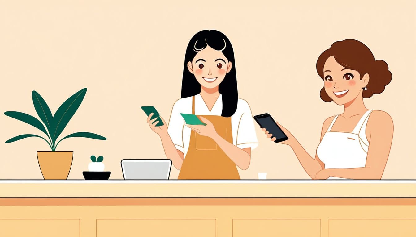 美容室の受付カウンターで、店主が小さなカードを差し出し、お客様がスマートフォンを構えている場面
