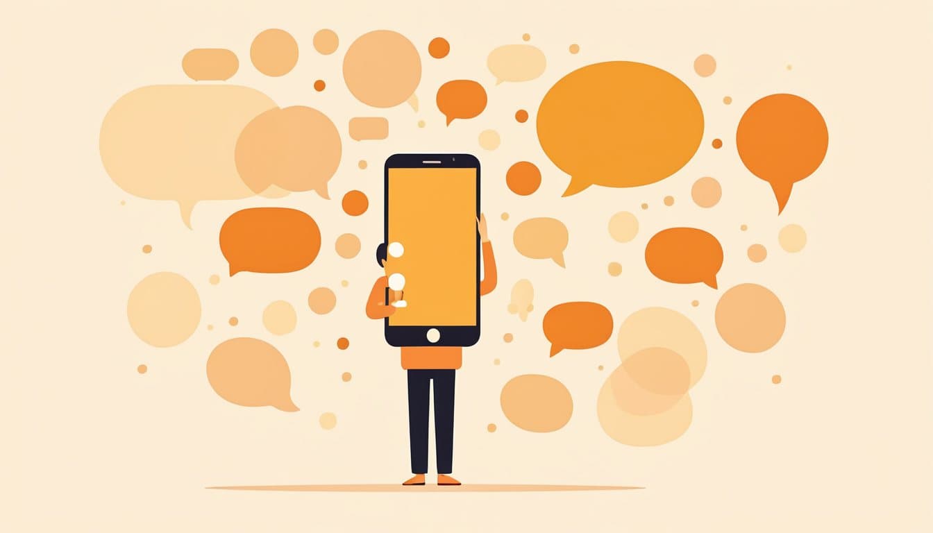 通知の吹き出しが何枚も積み重なったスマートフォンを、困った顔で見ている人