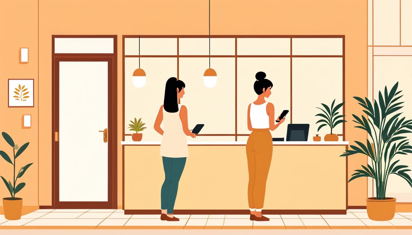 受付カウンターでスマートフォンを見ている店主と、入ってきたお客様