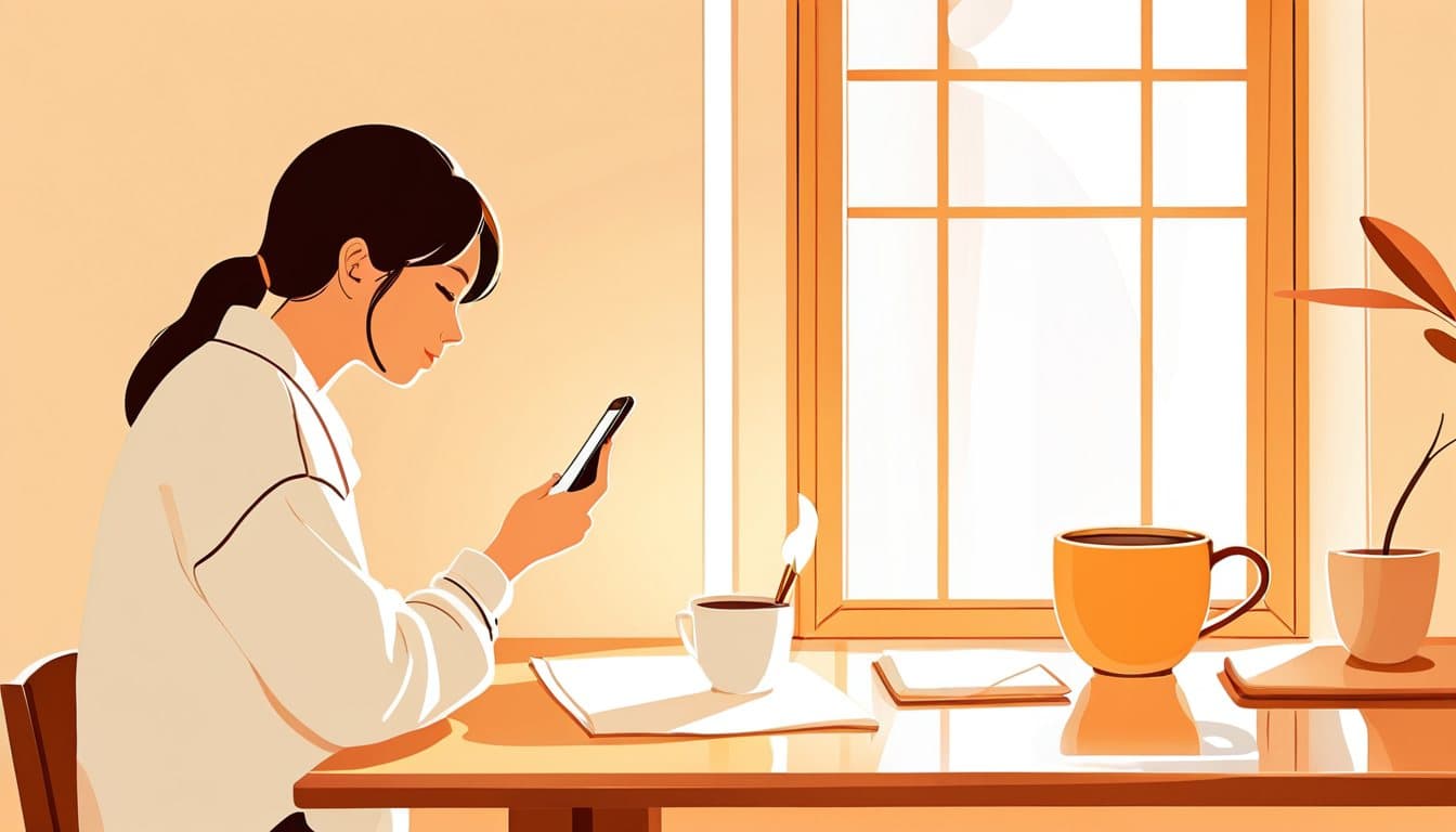 明るい窓際で、白い紙を背景にした手作りのマグカップをスマートフォンで撮影している人