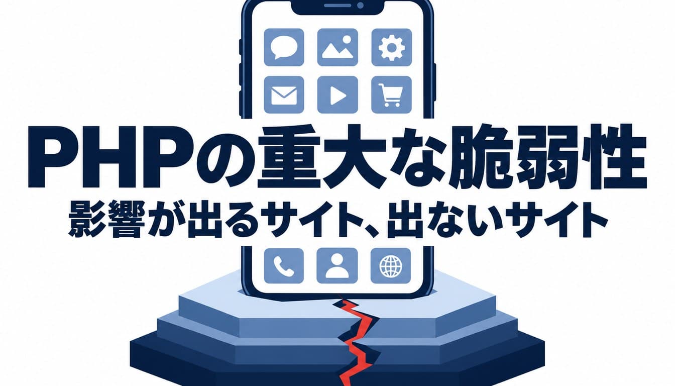 「PHPの重大な脆弱性 影響が出るサイト、出ないサイト」の文字と、土台にひびが入ったスマホのイラスト