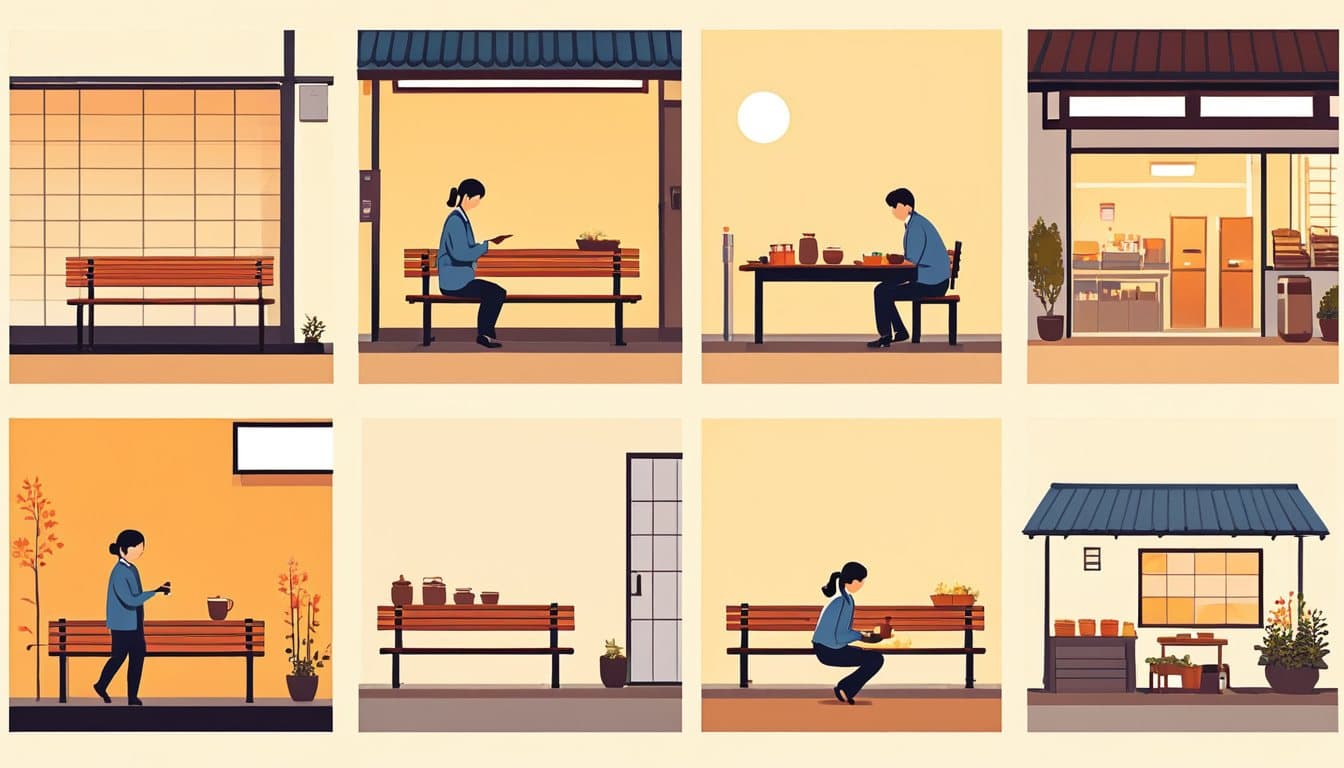朝の出社から夕方の退勤まで、1日の作業の場面が左から右へ5つ並んでいる図