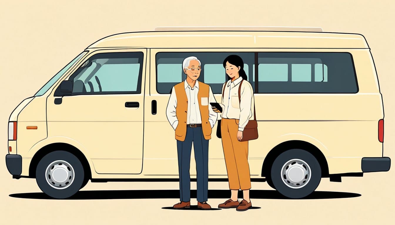 会社の車の前に並んだ年配の社員と若手社員を、同僚がスマホで撮影している場面