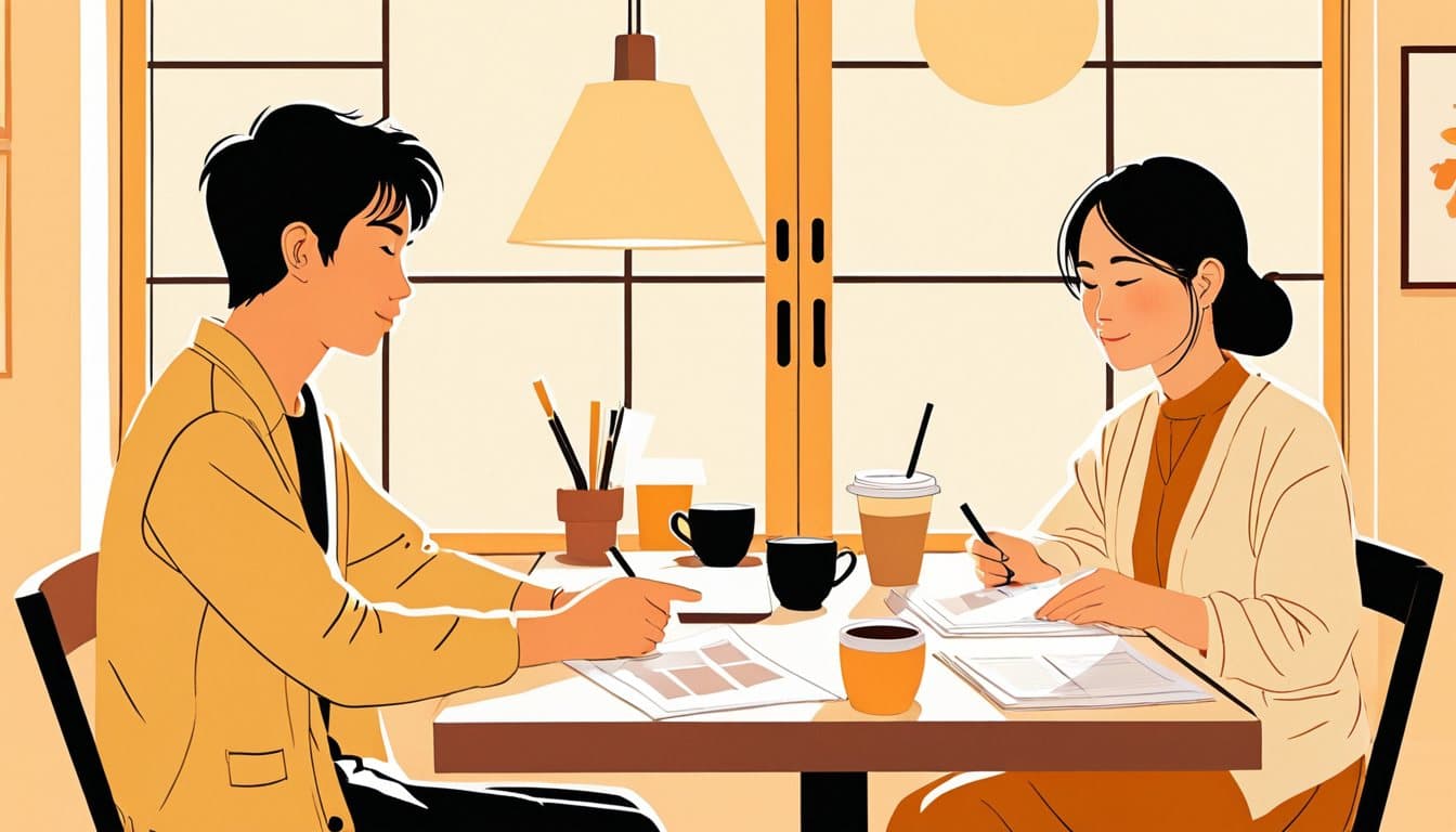 カフェの店内で、店主と制作者が小さなテーブルを挟んで向かい合い、広げた写真や紙の資料を指さしながら話している