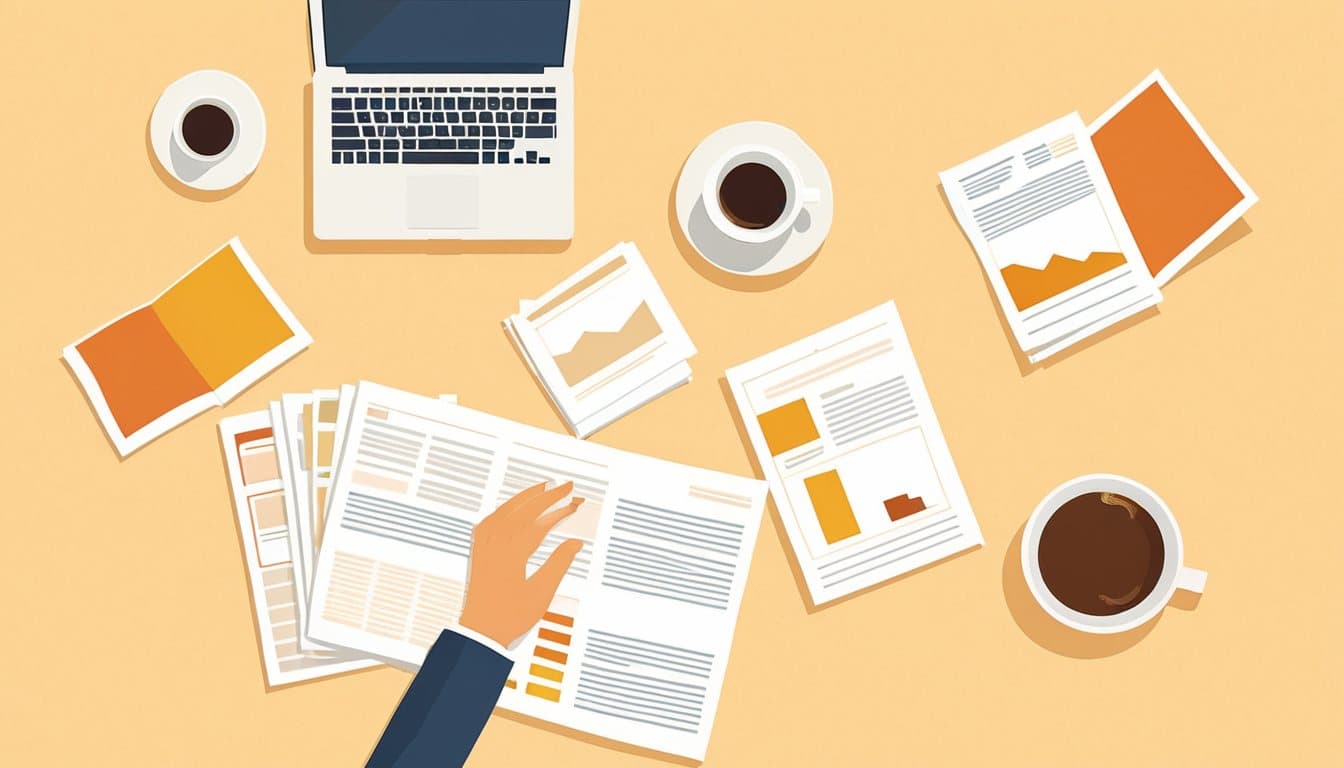 机の上に3社分の会社案内を並べ、1つを脇によけているビル管理の担当者
