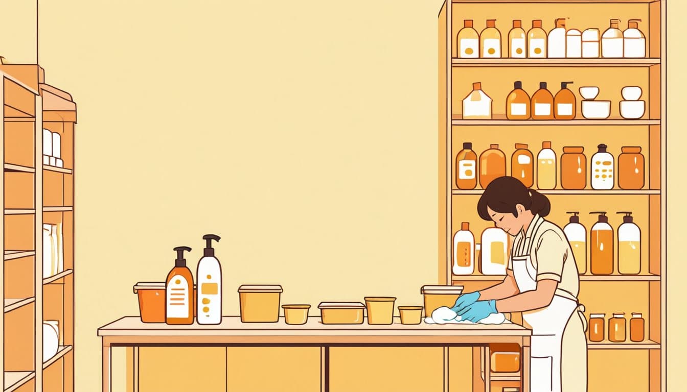 手袋をして洗剤のボトルを保管棚に並べる清掃スタッフと、その横の小さな机で記録簿に書き込む同僚
