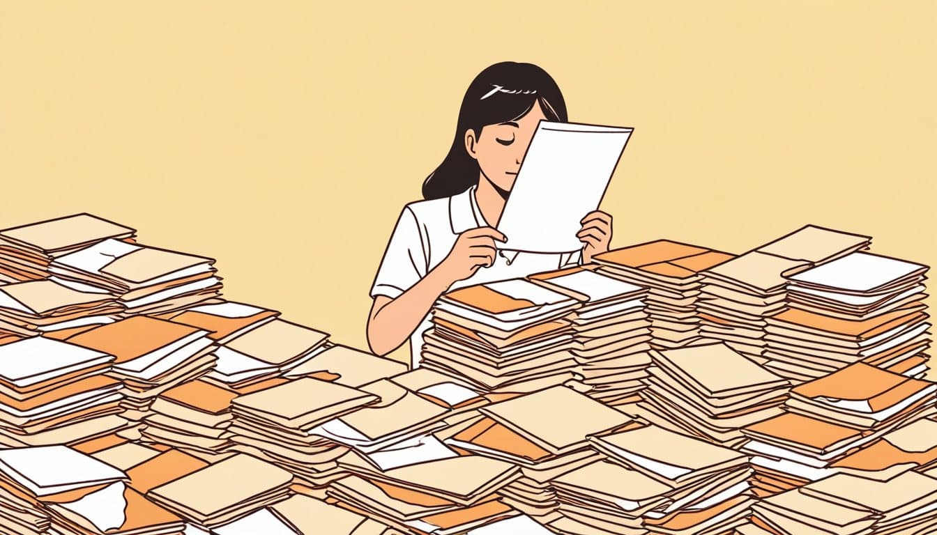 同じ形のチラシで溢れた郵便受けの下に、手書きの封筒が1通だけ埋もれている様子。店主が仕分けしている